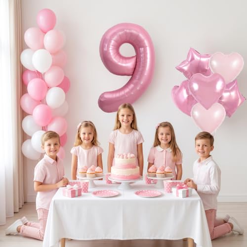 Image of TONIFUL 9th Birthday Balloons Kit 40 Inch Pink Large Number 9 Foil Balloon