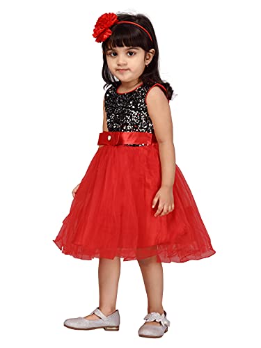 Image of MUHURATAM Girl's Net Fit and Flare Knee-Length Dress