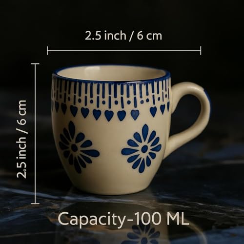Image of HandPainted Ceramic Tea Cups Set of 12 Small Coffee Chai Serving Mug Microwave Safe | Ideal Gift for Anniversary, Housewarming Parties | Gifts Set for Family&Friends 100 ML Each (Blue Floral Jhallar)