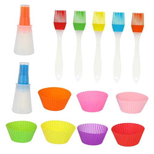 Cabilock 13pcs Silicone Oil Brush Set Oil Bottle Muffin Cups Kit Baking Tools Versatile Kitchen Utensils for Cooking Bbq Random Color