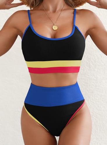 Image of Herseas Women 2 Piece High Waisted Bikini Sets Color Block Popular Swimsuits 2026 Summer Beach Swim Best Bathing Suits