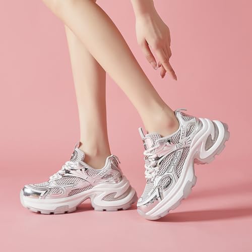 Retro Leather Dad Shoes for Women, Lightweight Comfortable Casual Sneakers with Adjustable Lace-Up, 6CM Thick Sole Breathable Gym Shoes for Walking Shopping Travel3