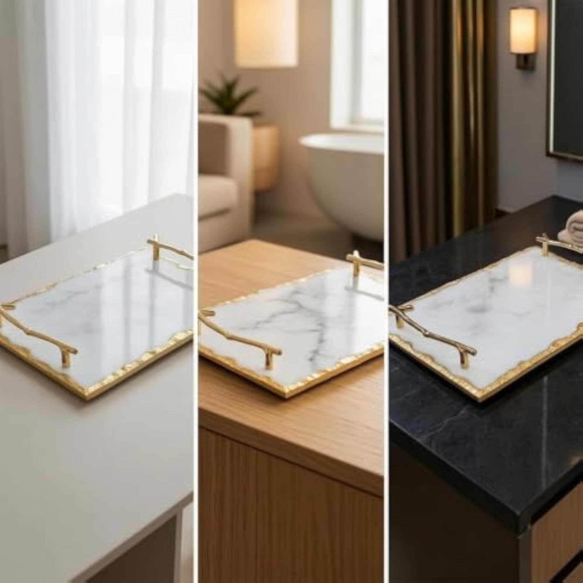 Elegant Marble Tray with Gold Handles, Decorative Rectangular