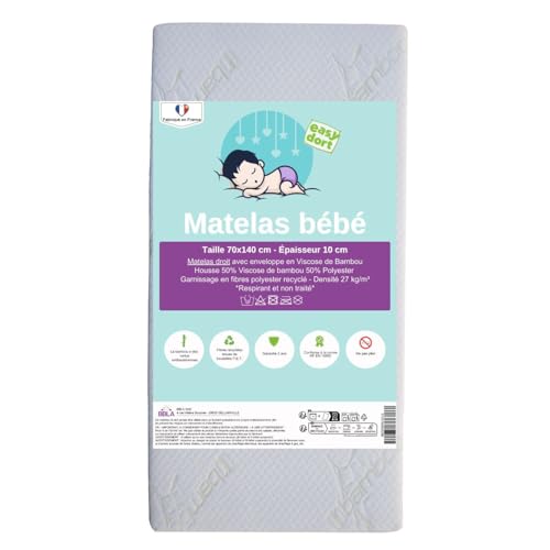 Easy Dort Matelas bébé 70x140 cm | Berceau ou lit bébé | Fabriqué en France | Été & Hiver | Double Face | Très Confortable | Housse en Bambou | Blanc