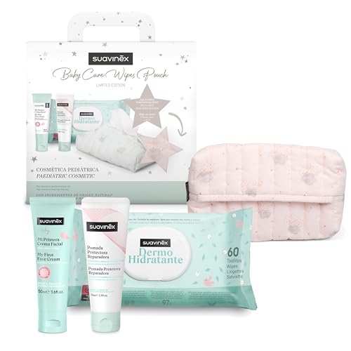 Suavinex, Geschenk für Neugeborene, Babykorb mit Stofftuchhalter mit: Windelcreme - schützende Salbe + Gesichtscreme + feuchtigkeitsspendende Tücher, Rosa