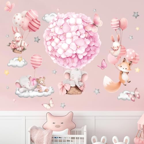 Amimagen Animals Hot Air Balloon Wall Stickers - Elephant Bear Fox Wall Decals - Girls Bedroom Baby Nursery Kids Room Wall Decor