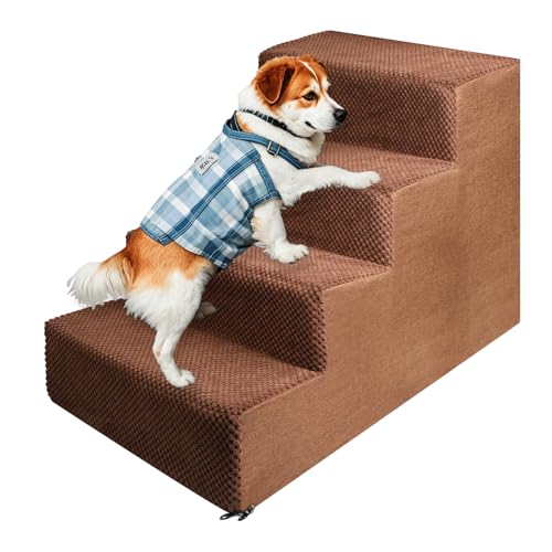 Haustiertreppe für Kleinen Hunde und Katzen, Abnehmbare Waschbar Hundetreppe Katzentreppe aus Schwamm mit Reißverschluss Plüschbezug, Tragbar Haustiertreppe für alte Hunde (4 Stufen Braun)