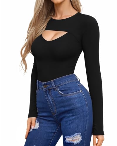HERLOLLYCHIPS Womens Long Sleeve Tops Short Sleeve Cut Out Front Ribbed Fitted Sexy Casual Dressy Fall Tee T-Shirts Tshirt2