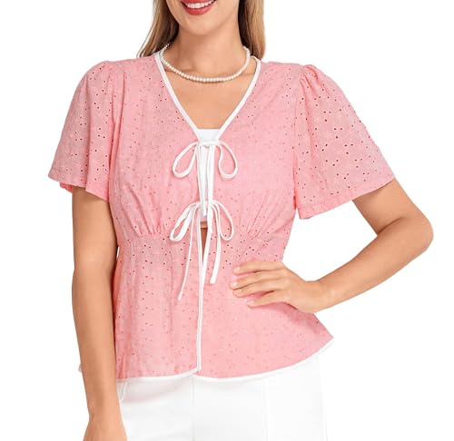 Belle Poque Boleros elegantes para mujer, estilo vintage, cuello en V, volantes, cárdigan corto, rosa claro, L