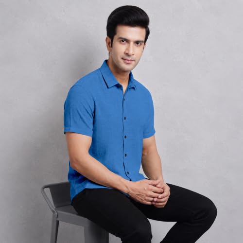 Image of TOPLOT Men's Casual Short Sleeve Button Down Shirt | Lightweight Breathable Textured Linen Formal Shirt | Summer Beach Vacation Relaxed Fit Man Shirts (5260)