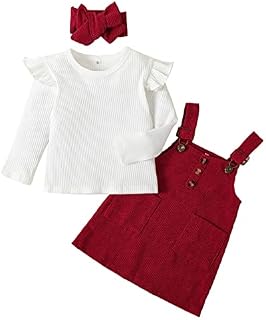 Qiraoxy Baby Girl Clothes Set Ribbed Ruffle Long Sleeve T- Shirt Top+ Corduroy Strap Overall Dress Toddler Kids Girl Spring Fall 3Pcs Clothing Outfit