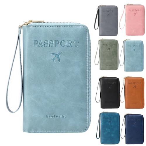 RFID Passport Holder for Wallet,RFID Blocking Document Organizer Clutch Bag, Credit Cards Case Cover Travel Wallet (Sky Blue)