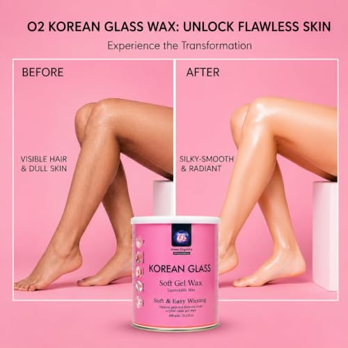 Image of O2 Green Organics Korean Glass Pink Soft Gel Liposoluble Wax for Hair Removal & De-Tan - Professional Moisturizing Painless Hair Removal with Shea Butter, Beeswax & Vegetable Oil for Silky Smooth Skin, All Skin Types, Salon Quality 800ml