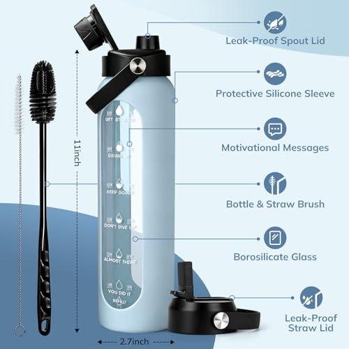 Image of Aqulea 32 oz Glass Water Bottle with 2 Lids - Spout & Straw Lids, 1L Motivational Borosilicate Glass Water Bottle with Time Marker & Silicone Sleeve, Leakproof (Ice Blue)