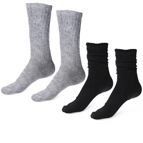 TIESOME 2 Pairs Socks Scrunch, Cotton White Tube Sock Women, Cozy Slouchy Casual Socks For Daily Wear, Sports (Gray + Black)