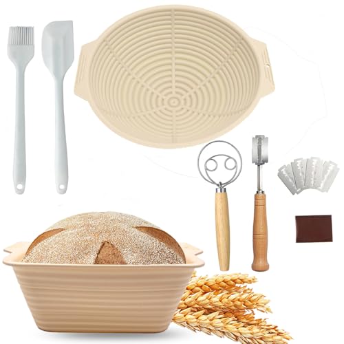 Silicone Bread Proofing Basket Kit, 9.8 inch Round and 10.7 inch Oval Foldable Bread Baking Tools with Accessories, Easy to Clean and Store (Beige)