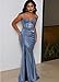 Satin Prom Dress Mermaid Pleated Spaghetti Strap Blue Prom Dresses 2026 for Teens Lace Applique Long Cocktail Party Gown with Slit US 0