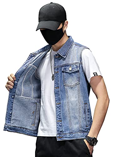 David.ann Mens Denim Vest Jacket Sleeveless Trucker Jean Jacket,Blue,Large #TOP4