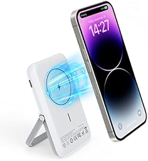 Magnetic Power Bank, JoyGeek Wireless Power Bank for Magsafe, 15W Fast Charging Portable Charger, 5000 mAh Foldable Stand Battery Pack USB-C Compatible For iPhone 14/13/12 Series(White)