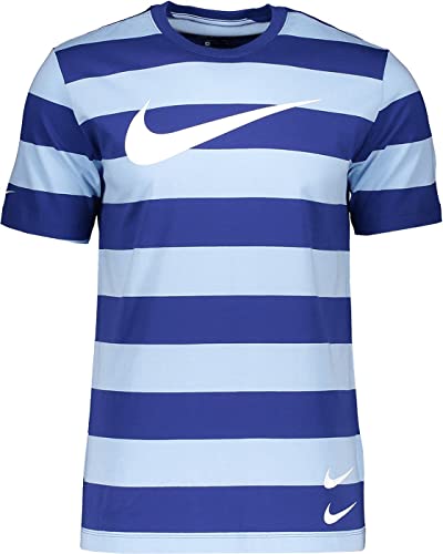 Image of NIKE Men's Nsw Swoosh Stripe T Shirt, Psychic Blue/Deep Royal Blue/W, L UK