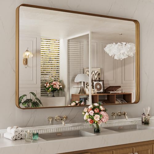 LOAAO 55X30 Inch Bathroom Mirror with Wood Grain Colored Metal Frame, Rounded Rectangle Metal Framed Bathroom Mirror, Anti-Rust, Hangs Horizontally or Vertically, Tempered Glass