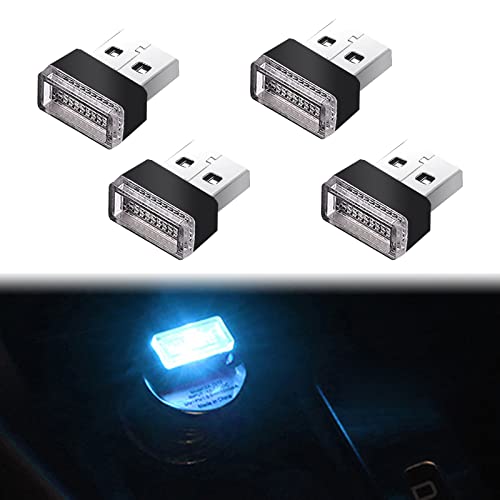 Yonput Pack-4 USB LED Car Interior Atmosphere Lamp, Plug-in 12V Universal USB Light, 7 Colors LED Interior Car Adjustable Brightness, USB Rechargeable Lighting Light (Blue)