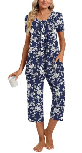 Image of Womens Summer Pajama Sets 2 Piece Short Sleeve Top and Capri Pants Plus Size Ladies Lounge Pjs Sets with Pockets