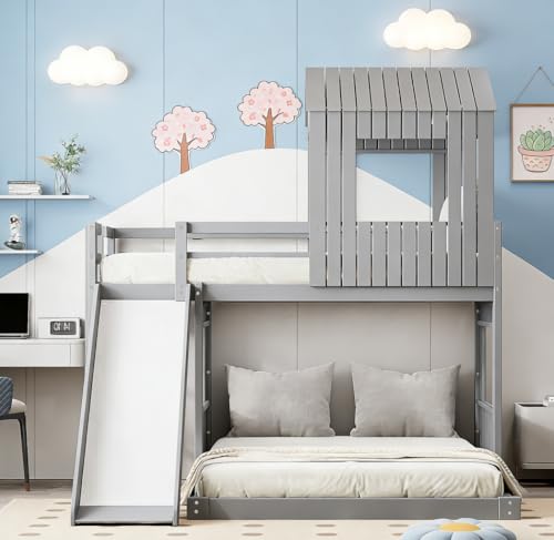 Image of Bellemave Bunk beds Twin Over Full with Slide,Ladders,House roof Design, Low bunk /loft Bed for Kids, Gray