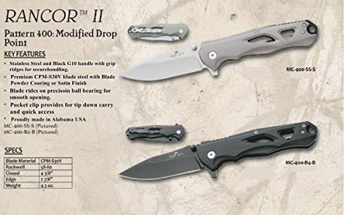 Bear Ops Rancor Ii Modified Drop Point Blade, Cpm-S30V Steel, Black G10 Handle, Tip Down Carry Pocket Clip, Precision Ball Bearing(Mc-400-B4-B-S35) #TOP5