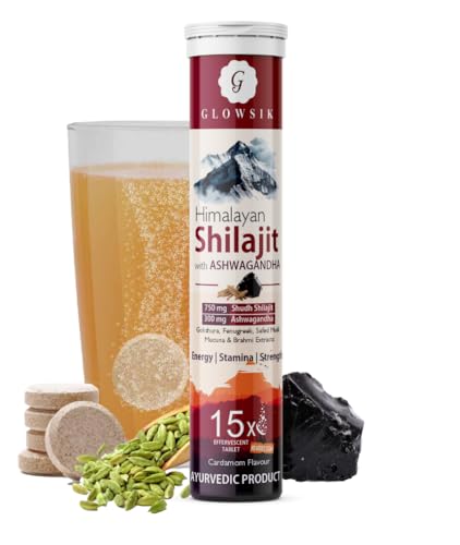 Image of GLOWSIK Himalayan Shilajit Original (750mg) 15 Effervescent Tablets, With Ashwagandha, Gokshura & Safed Musli for Strength, Performance & Muscle Recovery, Cardamom Flavour | Ayush Approved | Pack of 1