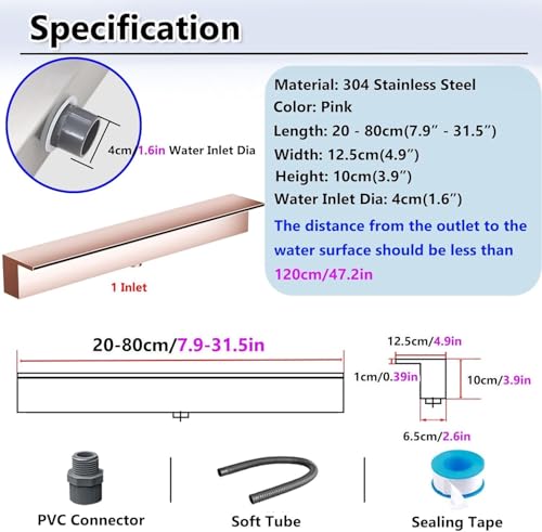 Kit di Scarico per Cascata con Tubo corrugato per Esterni, Bocchetta di Scarico in Acciaio Inox per laghetto, Piscina e Fontana da Giardino - 40 cm (16 Pollici) con Raccordo a Scatola per co