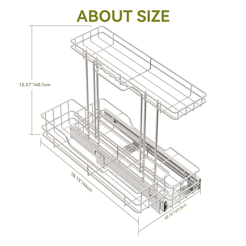 Image of 2 Tier Under Sink Organizer 11 inch W X18 D, Pull Out Cabinet Organizer One Removable Basket, Under Sink Slide Out Chrome Plated, Under Kitchen Bathroom Sink Organizer, 1 Pack