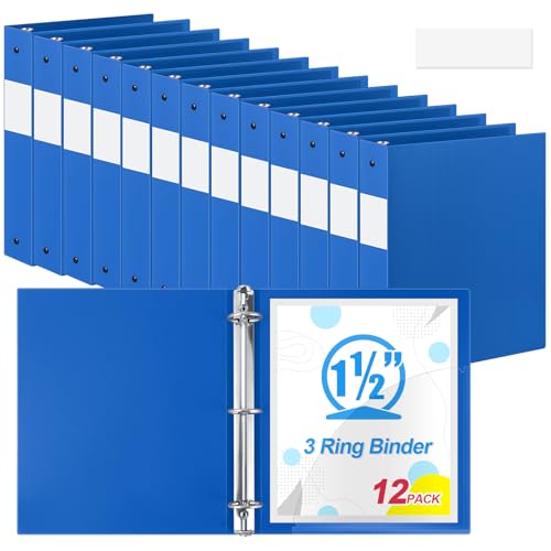Henoyso 12 Pcs Blue 1.5 3 Ring Plastic Binder Bulk 1 1/2 Inch Soft Flexible Binders Round Rings Fits Letter Size 8.5 x 11 Paper Holds 350 Sheets for School Office