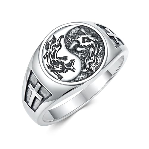 ROMANTICWORK Wolf Ring 925 Sterling Silver Yin Yang Ring Witcher Medallion Cross Rings for Men Viking Wolf Jewellery Christmas Birthday Gifts Unisex_Size 10