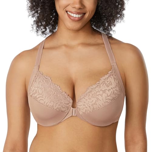Image of DELIMIRA Women's Front Closure Racerback Bras | Plus Size, Full Coverage, Lace, Underwire, No Padding Unlined
