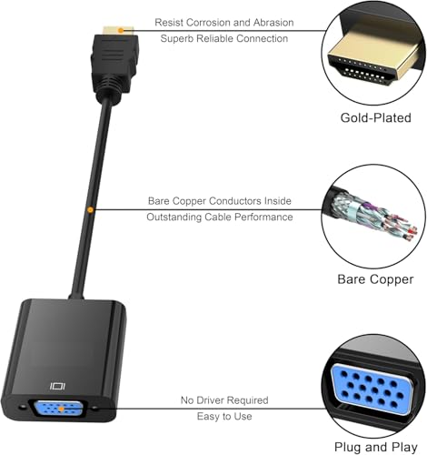 Image of Len Bon Amis HDMI to VGA, Gold-Plated Adapter Converter (Male to Female) for Computer, Desktop, Laptop, PC, Monitor, Projector, HDTV, Chromebook, Xbox and More - Black