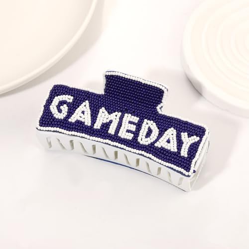 Beaded Game Day Hair Claw Clip for Women Large Football Hair Clips Sports Team Fan Football Mom Accessories Game Day Outfits (Blue White)
