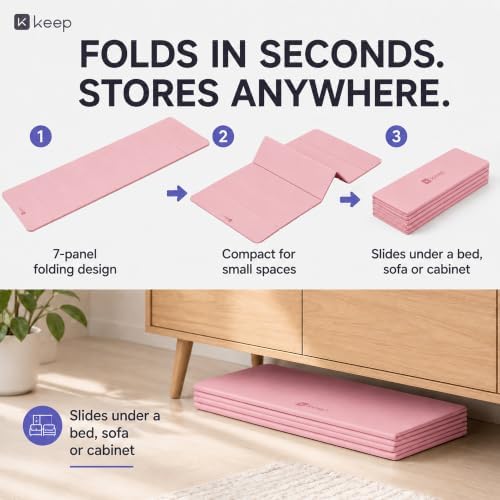 KEEP Foldable Yoga Mat, 7mm Thick High Density TPE Exercise Mat, Double Sided Non-Slip Folding Fitness Mat for Home Gym Workouts, Pilates and Stretching, Lays Perfectly Flat, Pale Pink - 3