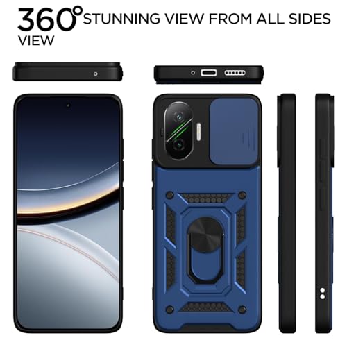 Image of Pikkme Back Cover for Poco F7 5G | D10 Tough Armor | 360 Protection Case | Sliding Camera Shield Cover & Ring Holder Stand Bumper Case (Blue)