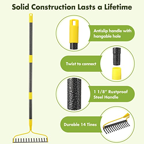 Garden Rake,14 Tines Heavy Duty Bow Rake for Lawns,60 Inch Long Handle Gardening Leaf Rake for Loosening Soil… - Thumbnail 6