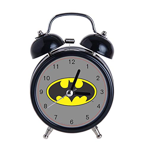 SCLOEA Children's Alarm Clock Vintage Retro Silent Pointer Clocks Round Number Dual Bell Loud Black Alarm Clock Bedside Night Light Home Decors Batman Bat Logo Oval Watch