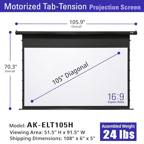 Image of Akia Screens 105 inch Motorized Tab Tension Projector Screen, 16:9 Retractable Projection Screen, UST, Short & Standard Throw Compatible, 4K Indoor Home Theater Screen, Black Case, AK-ELT105H