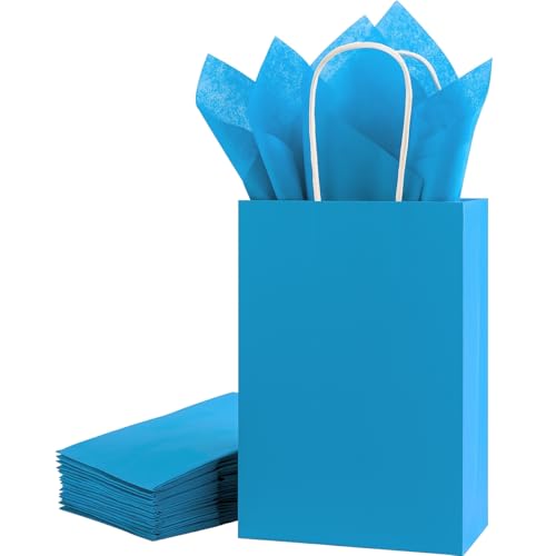 SUNCOLOR Blue Gift Bags with Tissue Paper 24 Pack 8 Small Kraft Paper Party Favor Bags Reinforced Handles for Baby Showers Birthdays Celebrations