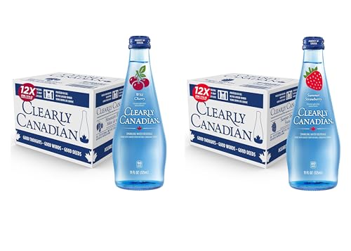 Image of Clearly Canadian Sparkling Flavored Water, 11 oz Glass Bottles - Variety of Refreshing Flavors, Premium Carbonated Beverage, Available in 12-Pack and 24-Pack Options (24 Pack, Cherry /Strawberry)
