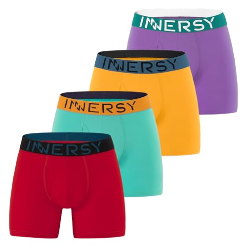 Image of INNERSY Mens Underwear Boxers with Fly Pants, S, Red/Green/Purple/Orange | Soft Breathable Boxer Briefs, Classic Trunks, Stretchy Sports Underwear, Tag-free, 3D Front, Running/Hiking/Gym/Everyday Wear