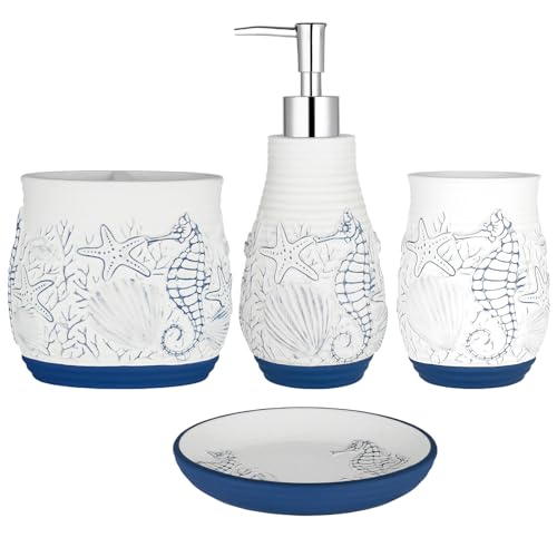Beach Theme Bathroom Accessory Sets 4PCs Bathroom Set Complete Embossed Seashell Starfish Design Includes Lotion Dispenser Toothbrush Holder Tumbler Cup & Soal Dish