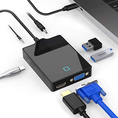 USB C Docking Station, 7-in-1 USB C Hub Adapter with 4K HDMI, VGA, 2 USB3.0 Ports, Type C Sync Port, DC5V Power Plug, Audio Interface for MacBook pro, Surface pro 7 or Other Type C Device