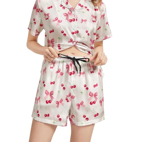 Image of Silk Satin Pajama Set for Women Summer Lounge Pjs Sets 2 Piece Suit Ladies Button Down Tops And Shorts Sleepwear