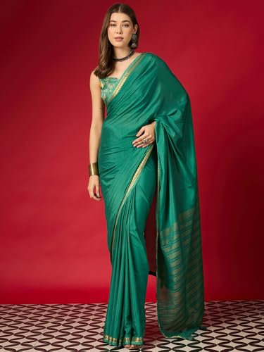 Image of AKHILAM Women's Mysore Silk Ethnic Motif Printed Saree With Unstitched Blouse Piece