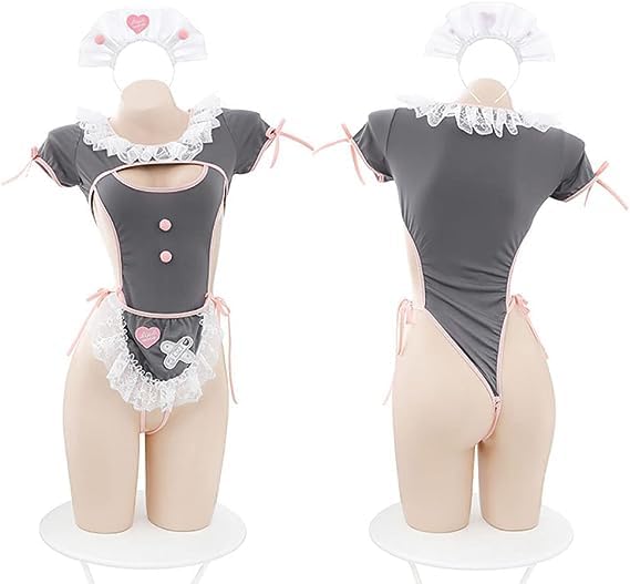 SNOMYRS Maid Outfit Anime Cosplay Costume Japanese Sweet Apron Fancy Kawaii Lace Up One Piece Lingerie Bodysuit: With Stockings One Size
